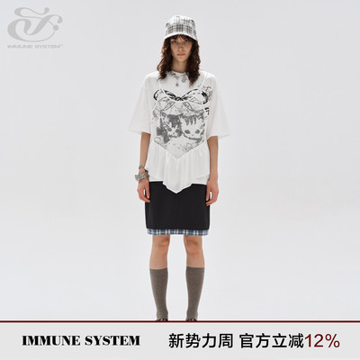 immune system 猫咪印花贴蕾丝假两件T恤短袖宽松