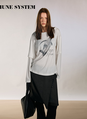 immune system 白色解构分割线飞鸟剪影印花假两件天丝羊毛长袖