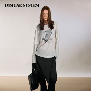 immune system 白色解构分割线飞鸟剪影印花假两件天丝羊毛长袖