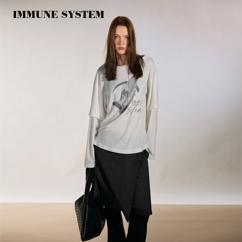 immune system 白色解构分割线飞鸟剪影印花假两件天丝羊毛长袖