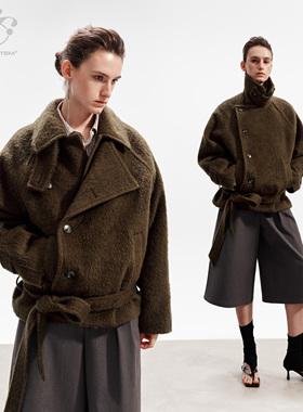 immune system 力量感廓形简约暗棕色羊毛中短款毛呢外套