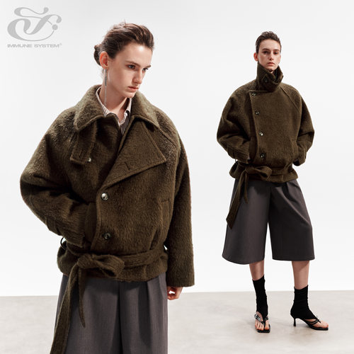 immune system 力量感廓形简约暗棕色羊毛中短款毛呢外套