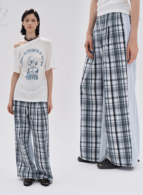 immune system 空气海盐 清爽蓝色前后拼接休闲格纹阔腿裤长裤