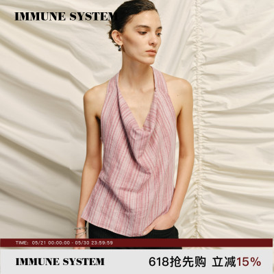 immune system 肌理条纹柔粉扭结露背上衣荡领亚麻吊带背心