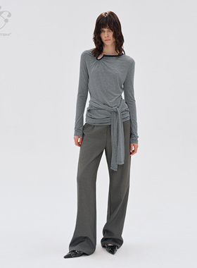 immune system 立体翻折蕾丝腰头拼接灰色阔腿西裤