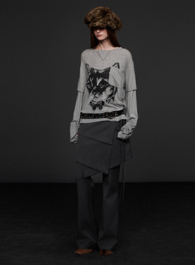 immune system免疫系统 羊毛舒适假两件猫咪印花长袖