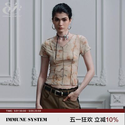 immune system免疫系统 薄款修身抽象印花紧身原创设计V领短袖T恤