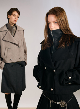 immune system 羊毛立挺翻领可拆卸皮领双排扣外套短大衣