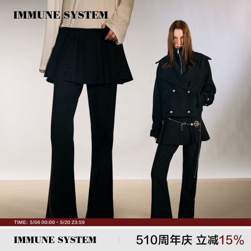 immune system 黑色镂空刺绣花瓣百褶裙裤微喇显瘦西裤长裤