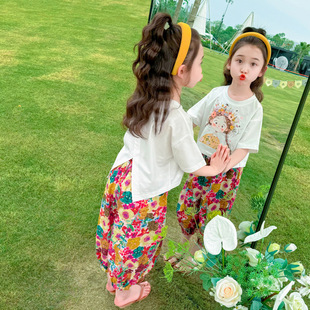 套装 网红女宝纯棉短袖 女童夏季 2024新款 宽松防蚊裤 小女孩儿童夏装