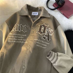 1016-BW50-P118  美式潮牌棒球服皮袖拼接刺绣落肩夹克单排扣外套图片