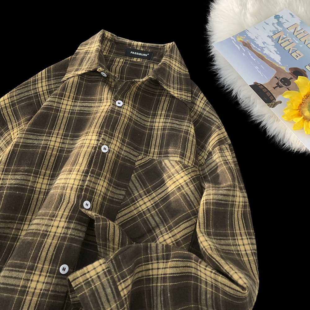 1016-C501-P48美式格子长袖衬衫男新款潮牌痞帅复古休闲衬衣，男装衬衫，星座1016