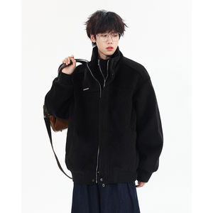 1016-W08-P110美式假两件毛呢外套夹棉夹克韩版宽松棉服图片