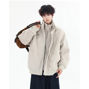 1016-W08-P110美式假两件毛呢外套夹棉夹克韩版宽松棉服图片