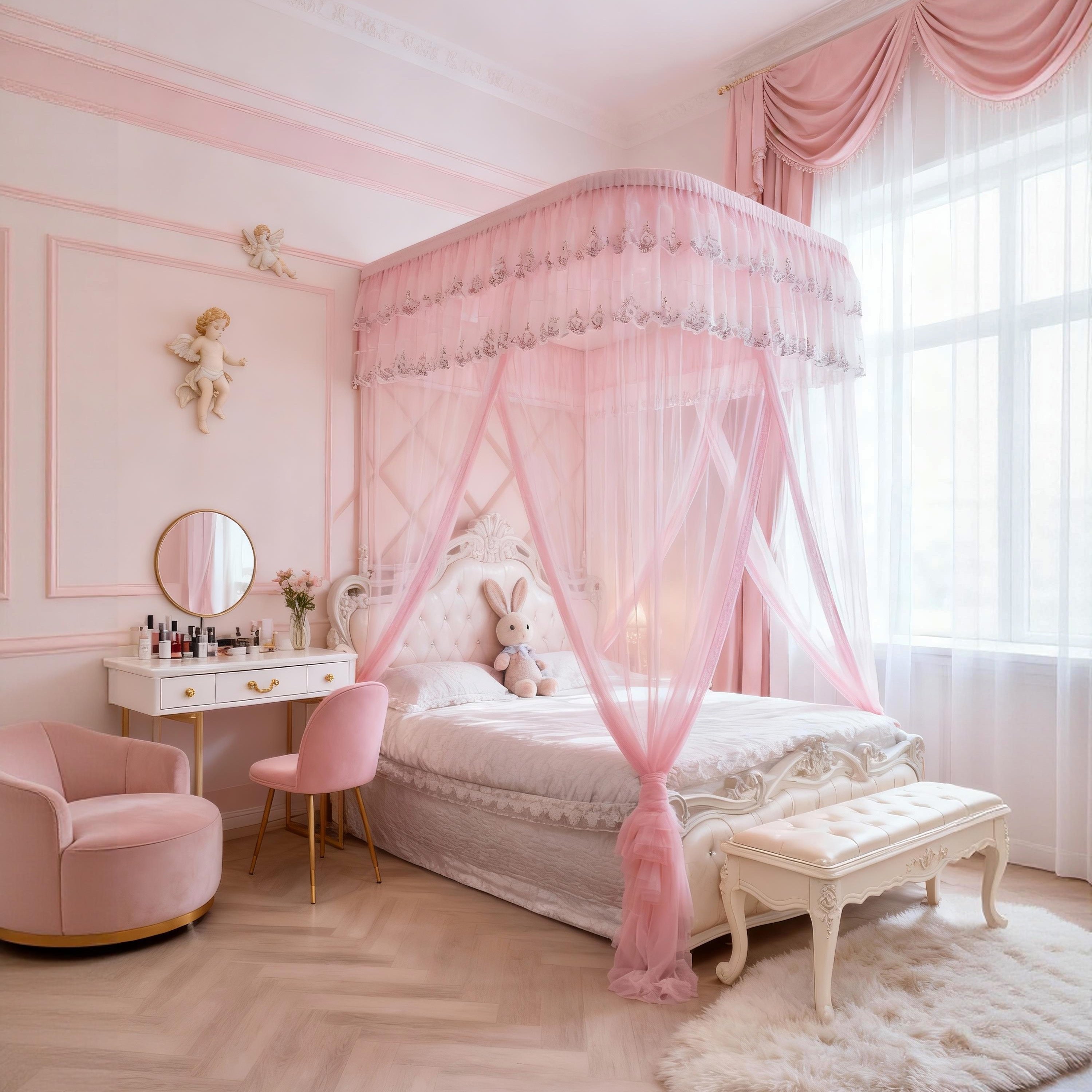 九洲华美粉色结婚装饰蚊帐床幔防风防尘公主风1.8床1.5m2米浪漫