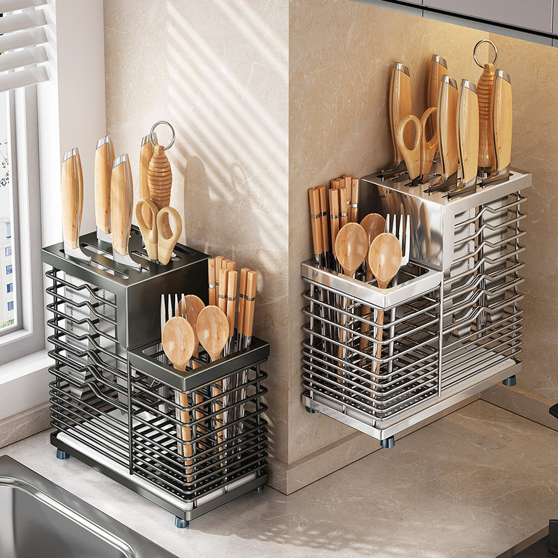 帅仕304不锈钢刀架置物架菜刀筷筒一体壁挂台面刀具收纳层架家用