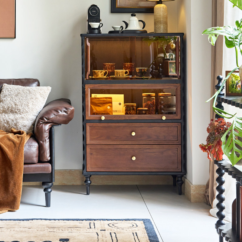 巢趣法式覆古实木客厅电视边柜书柜展示柜中古沙发立柜储物展示柜