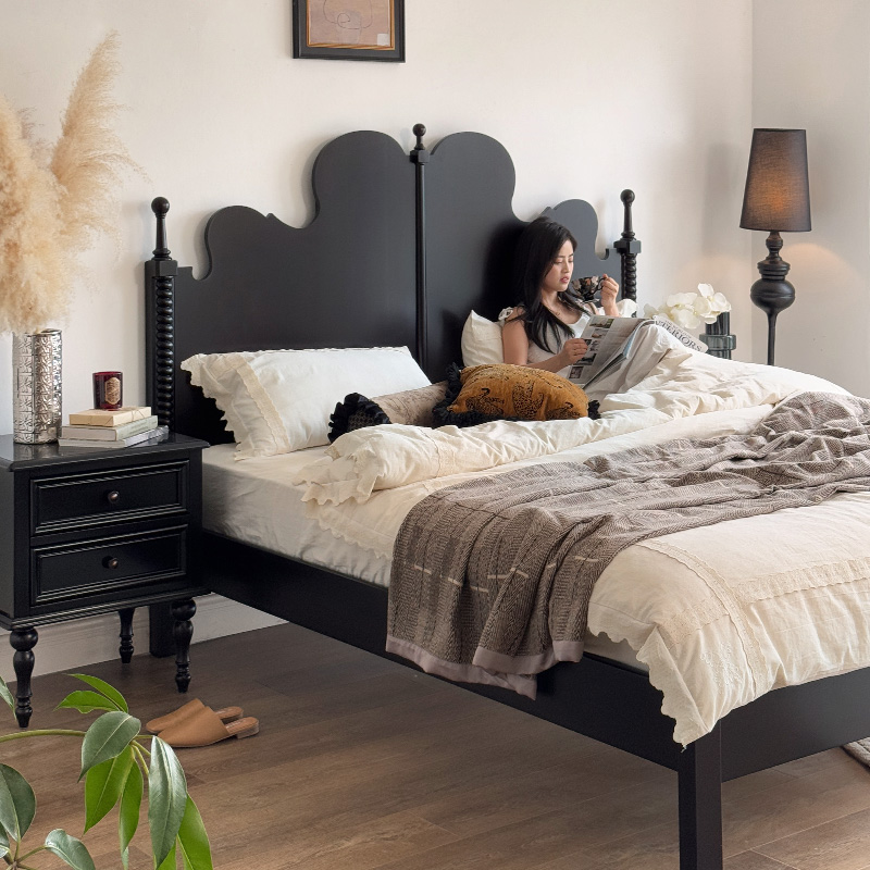 巢趣法式复古实木床樱桃木全实木花冠床黑色主卧床设计感纯实木床