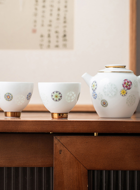 景德镇玉柏玲珑粉彩中式陶瓷器一壶两杯两人户外旅行便携茶具套装