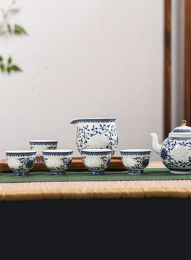 景德镇青花茶具组中式瓷器礼盒 玉柏八头茶具高档茶壶茶杯套组