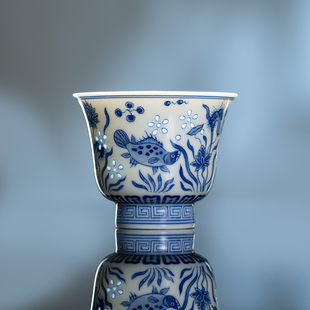 景德镇手工手绘青花玲珑主人杯鱼藻纹茶杯陶瓷器萤造旗舰店