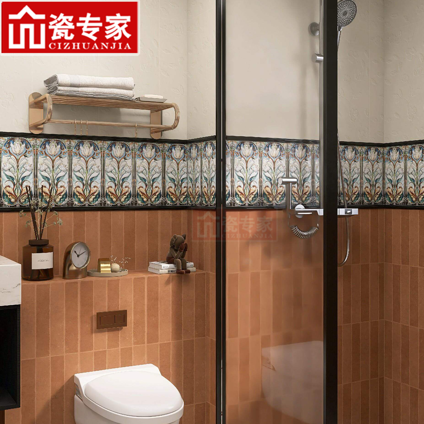 法式风珐琅花砖卫生间瓷砖腰线
