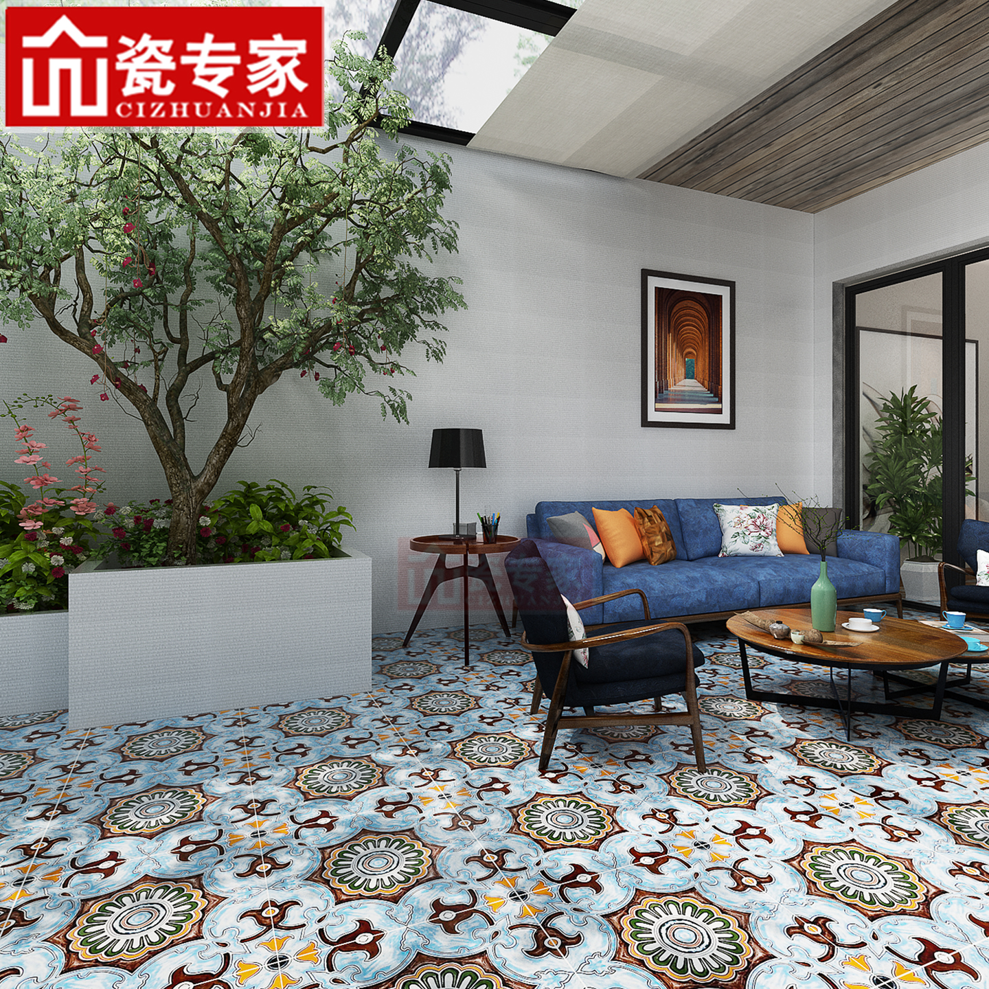 地中海庭院露台地砖阳台花砖阳台仿古砖室外复古花园院子防滑瓷砖