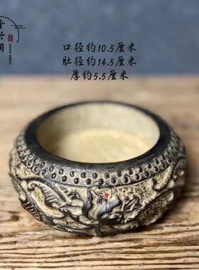 青石纯手工雕刻民俗怀旧缠枝莲花石盆中式古典陈设摆件装饰仿古