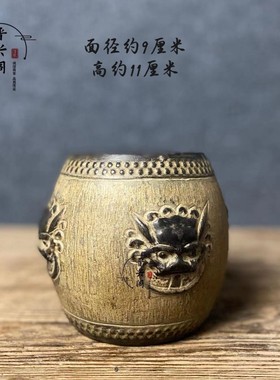 天然青石仿古做旧纯手工缠枝莲花承壶小石鼓中式茶室案头空间摆件