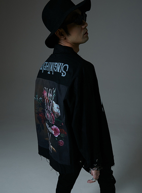 SITR 暗黑有领牛仔夹克外套枪与玫瑰摇滚文化元素