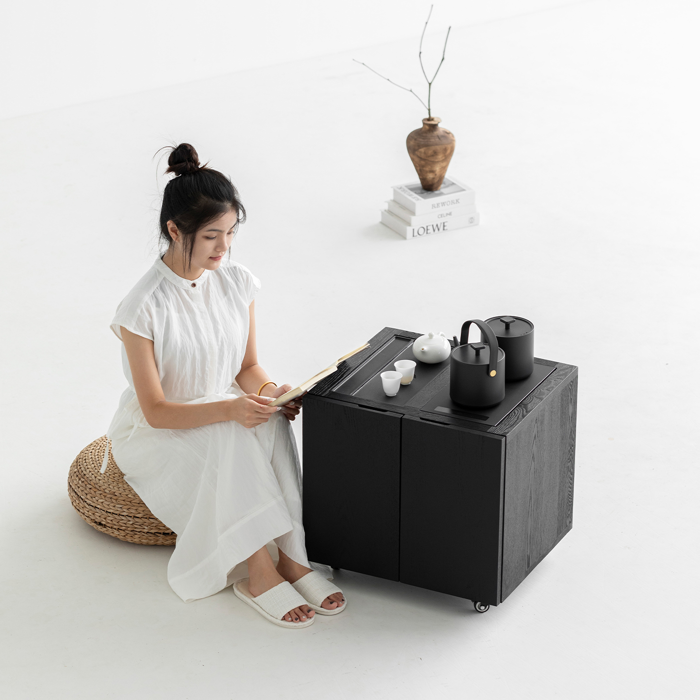 天外云 暮春茶水柜 白蜡木边几可移动茶台实木茶几家用阳台边柜