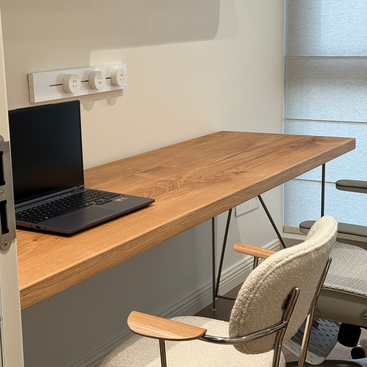 天外云 闲时书桌 法国白橡木办公侘寂风原木实木餐桌大板不锈钢腿