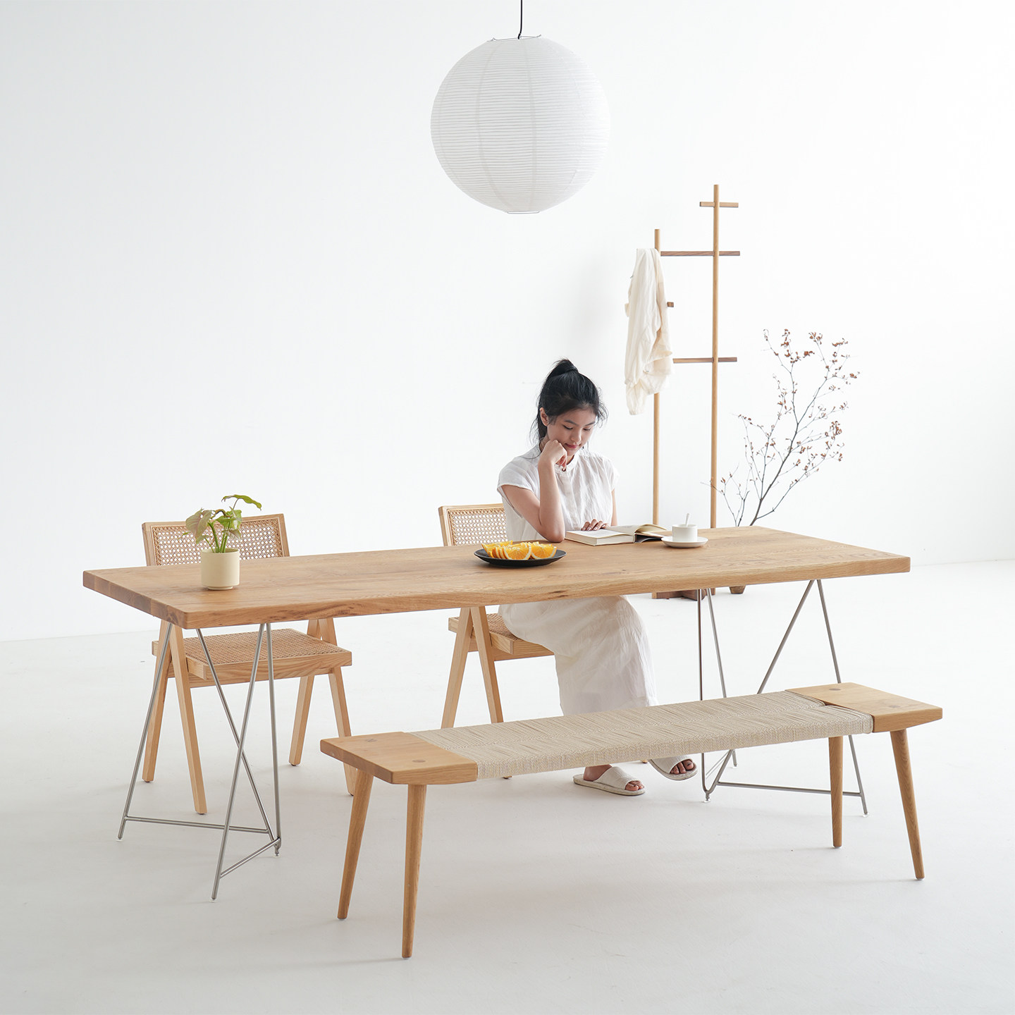 天外云 远畔茶桌 法国白橡木侘寂风餐桌小户型原木书桌不锈钢桌腿