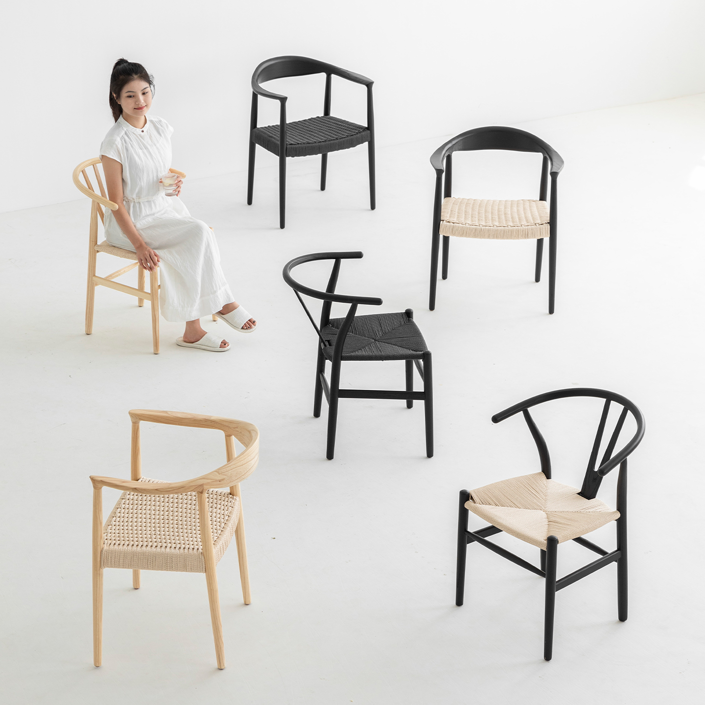 天外云 白蜡木主人椅靠背餐椅实木椅子家用Y型休闲扶手原木书桌椅