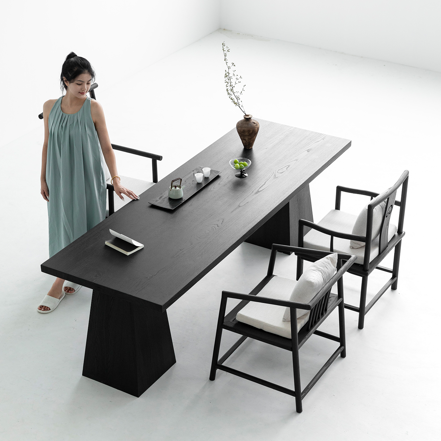 天外云 无双茶桌 白蜡木简约茶台会客茶几家用实木餐桌黑色餐桌