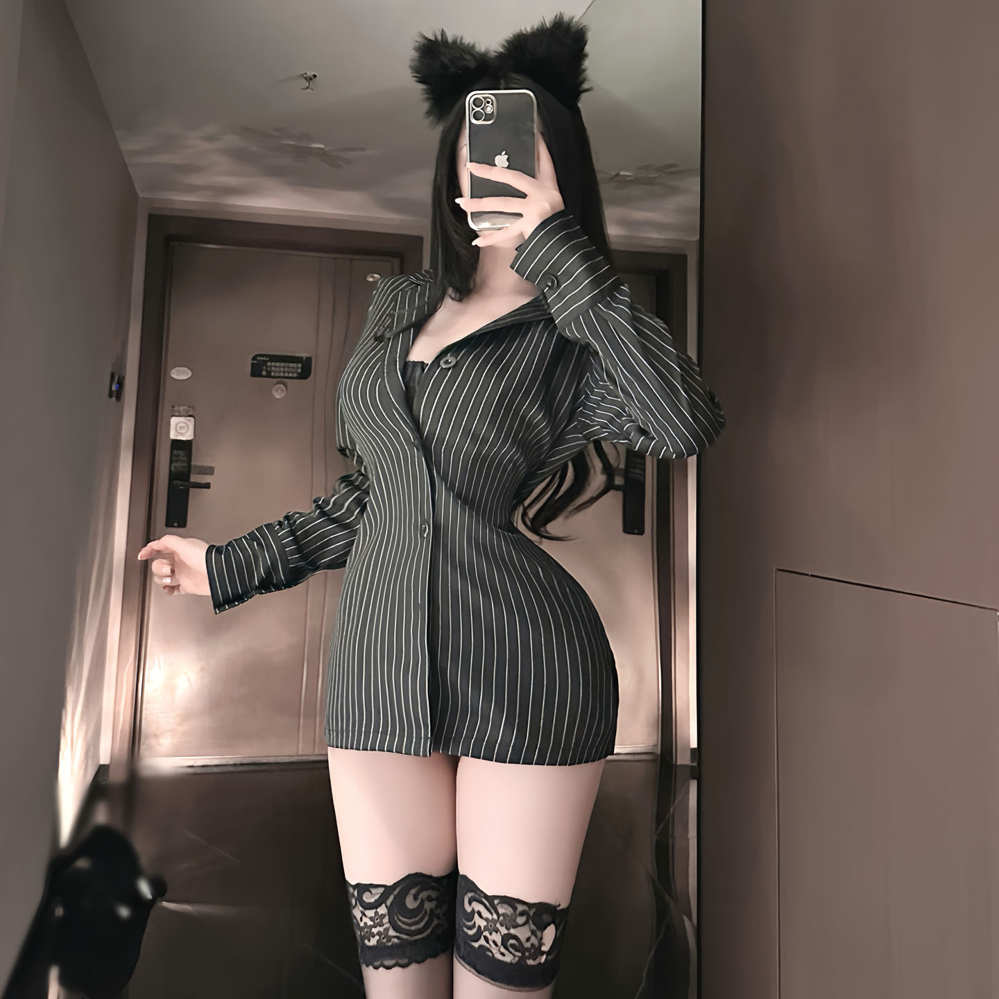 御姐黑色条纹长袖衬衫女春秋季薄款西装外套收腰修身上衣ol职业装