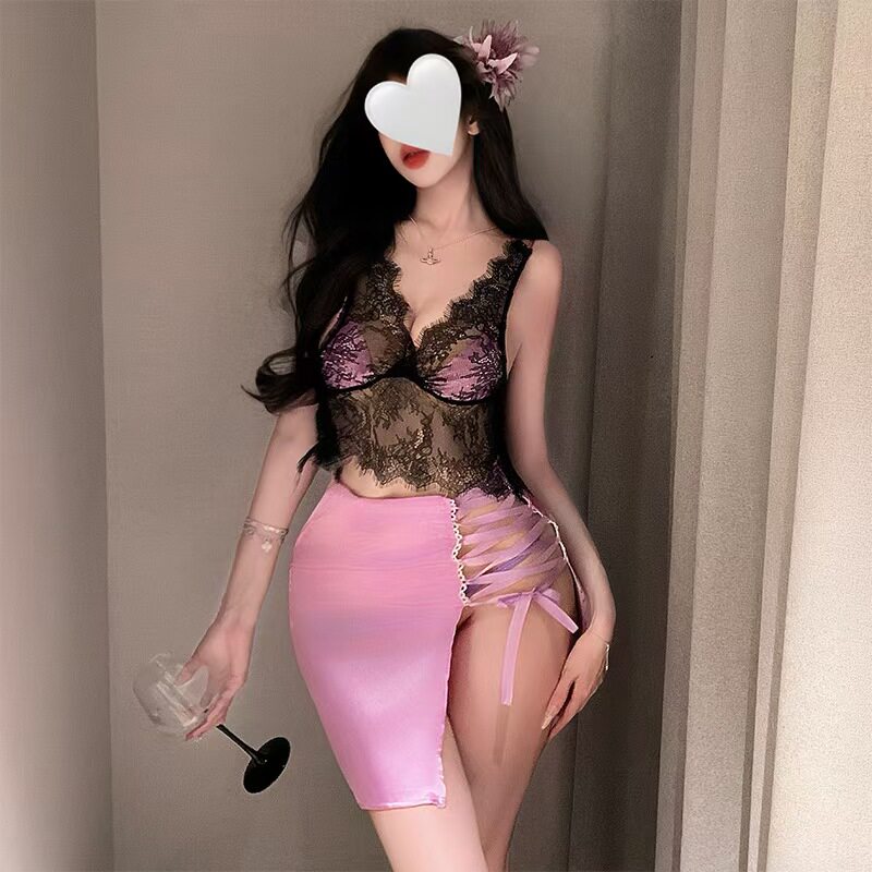 娇贵紫美人*性感法式缎面蕾丝深v御姐纯欲吊带包臀睡裙套装睡裙