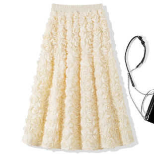 时尚 新款 立体花朵松紧腰玫瑰花裙大摆半身裙 2025年秋装 B1975