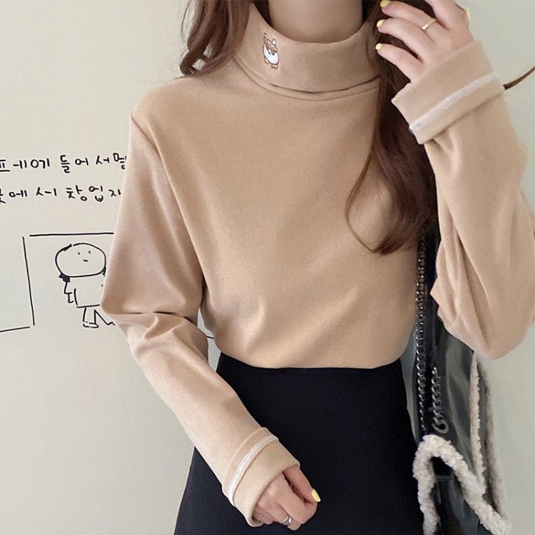 Real shot thick autumn winter long sleeve with T-shirt and half high collar for women