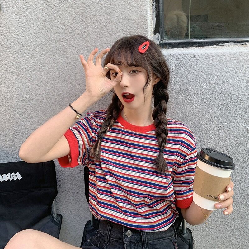 Real shot Polyester Short Sleeve Striped T-shirt