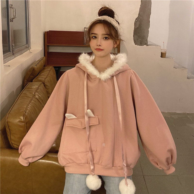 Japanese soft girl loose Plush thickened Hooded Sweater lovely fur ball rabbit ear Sweater Girl