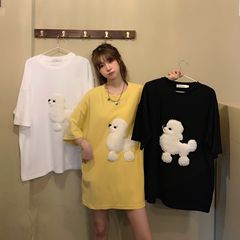 Real shot hairy dog embroidered short loose short sleeve blouse