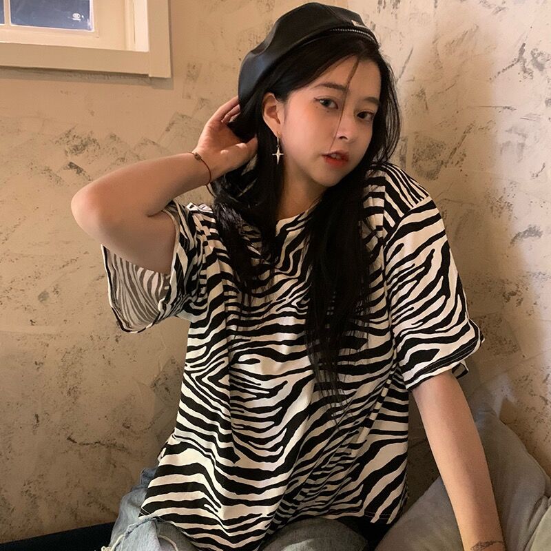 實拍 2021新款斑馬紋短袖t恤女