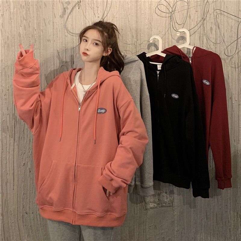 Real shot double hat four color super loose zipper coat Hooded Sweater woman