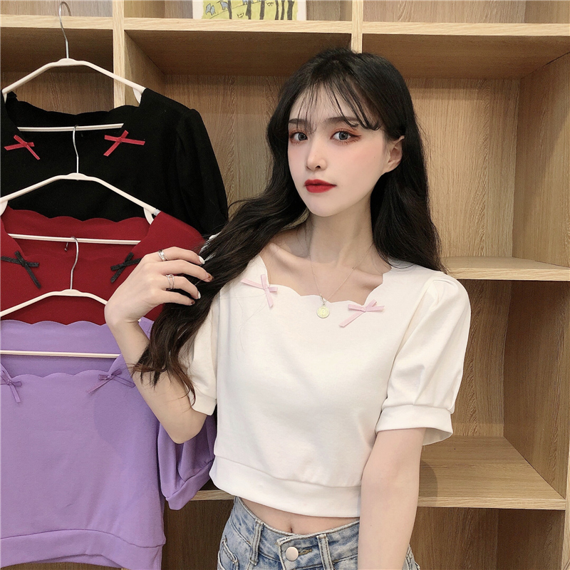 Real photo of square neck short sleeve T-shirt girl