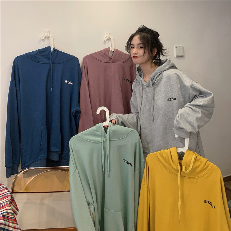 Real shot of autumn and winter solid color Plush thickened sweater for women Korean version new loose ins hooded students