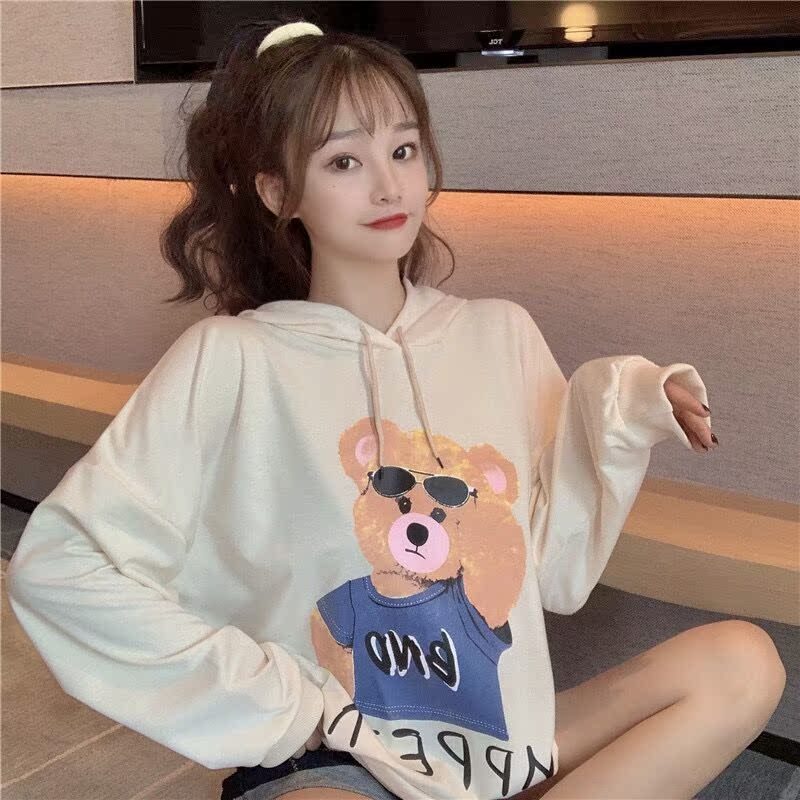 Cartoon Bear print hooded sweater women's thin top