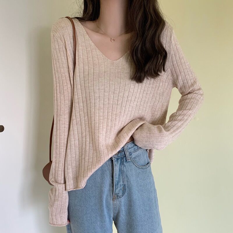 Real shot core spun yarn autumn and winter new Pullover V-neck solid color sweater for women