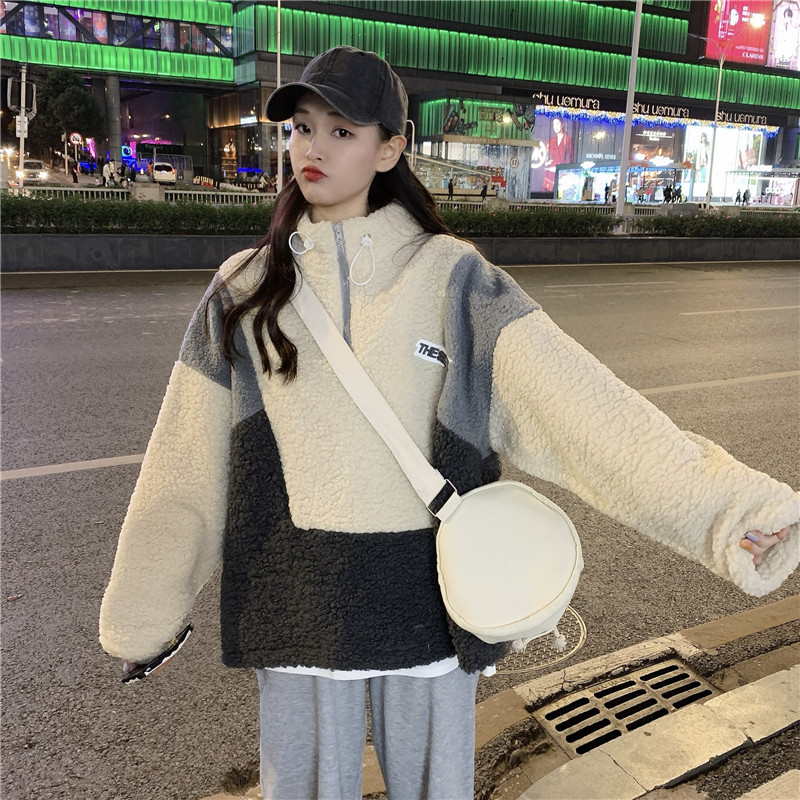 Real shot lambs sweater women's new color contrast stand collar coat