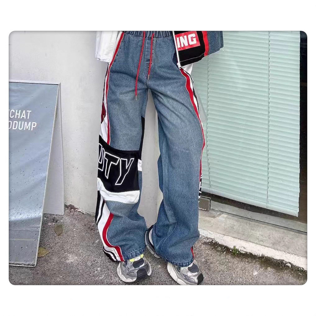 欧货潮牌宽松机车牛仔裤女202春款重工字母刺绣撞色松紧腰阔腿裤